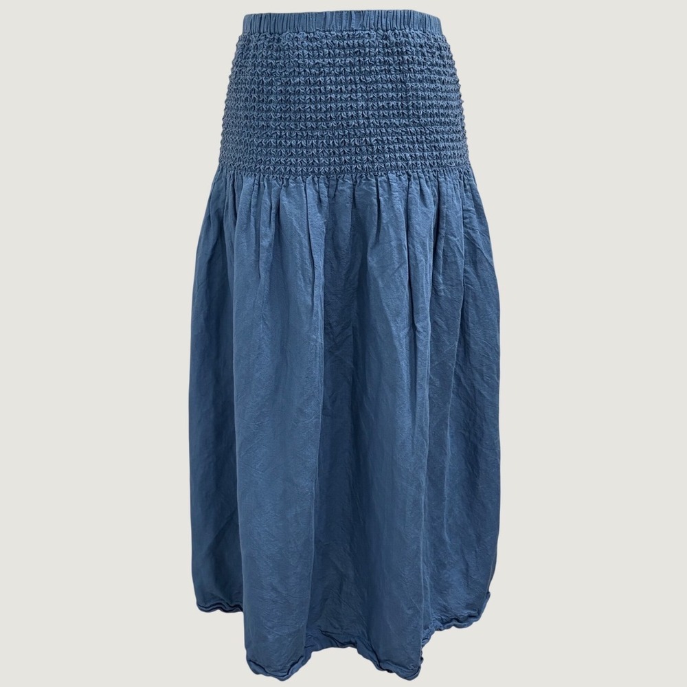 JW Anderson Uniqlo Blue Smocked Waist Loop Embroidered Linen Blend Midi Skirt XS